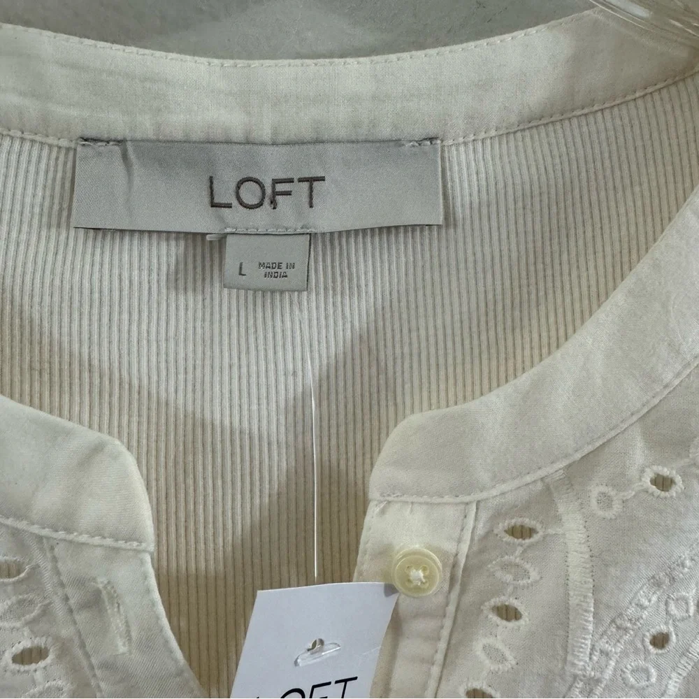 Loft Eyelet Yoke Mixed Media Top in Ecru Ivory Cream Size L Large #596116